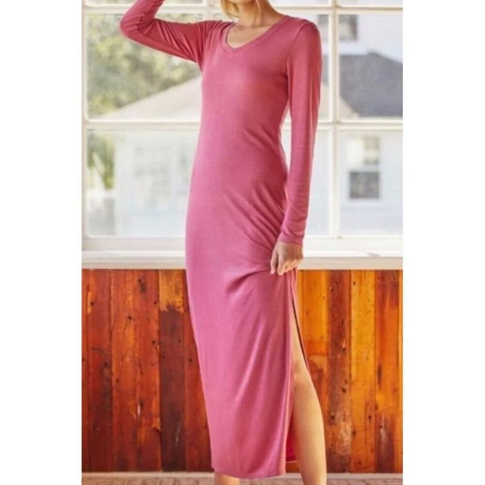 Bordeaux Anthropologie Ribbed Knit Maxi Dress Size S Long Sleeve Stretch Pink